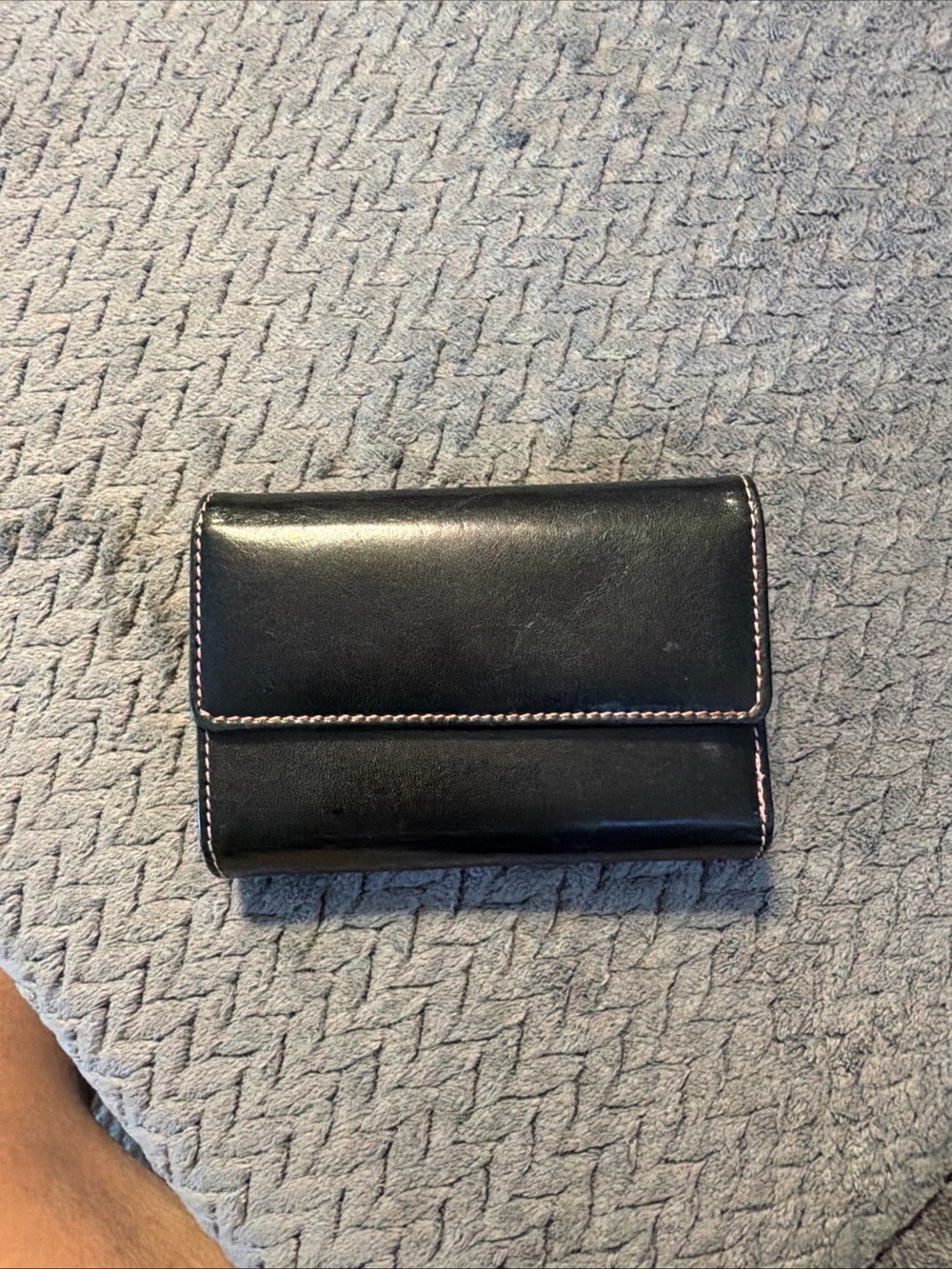 Victoria's Secret Black Leather Trifold Wallet with Pink Stitching